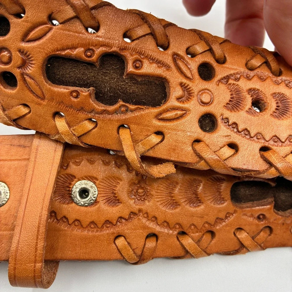 Vintage Hand Tooled Leather Belt Mens 38 Tan Whipstitch Western Boho Cutout